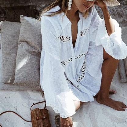 Women Swimsuit Cover Ups Mandarin Sleeve Kaftan Beach Tunic Dress Robe De Plage Solid White Cotton Pareo Beach Cover Up #Q429