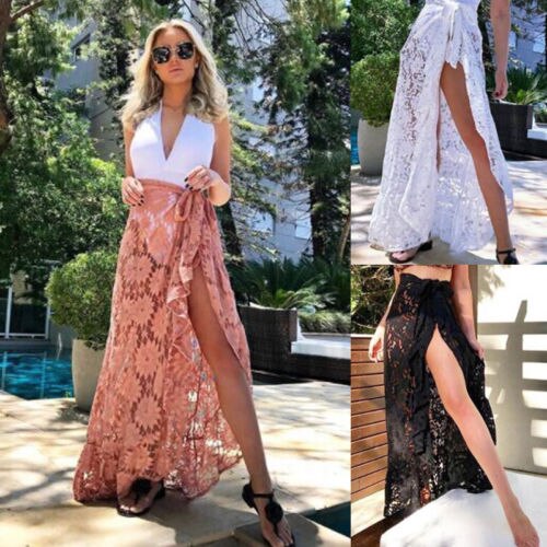 Women Bikini Cover Up Swimwear Sheer Lace Long Beach Maxi Wrap Skirts Sarong Summer Split Skirt Cover-Ups Black White Pink