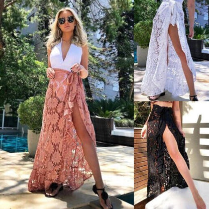 Women Bikini Cover Up Swimwear Sheer Lace Long Beach Maxi Wrap Skirts Sarong Summer Split Skirt Cover-Ups Black White Pink