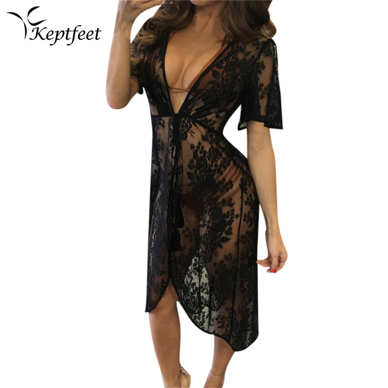 Women Summer Mesh Beach Wear Cover up Swimwear Bikini Lace Tassels Floral Long Beach Dress White Black Colors