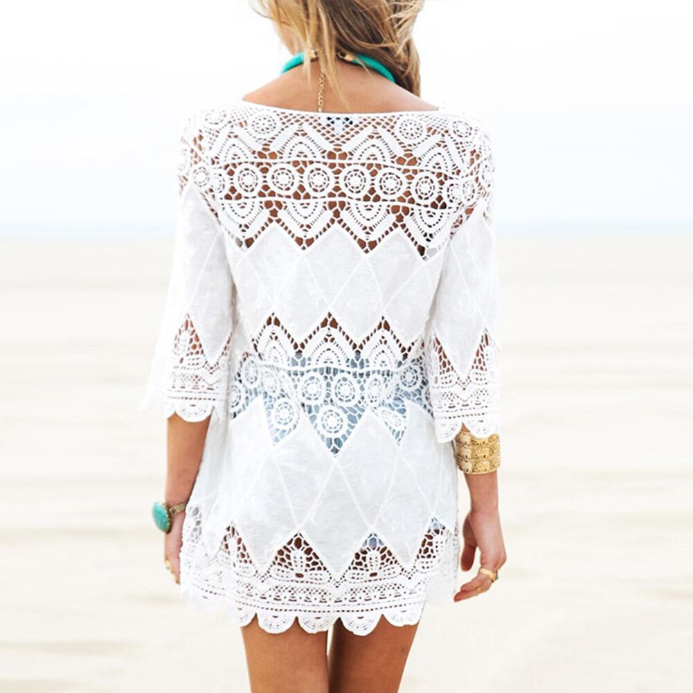 Women Swimsuit Lace Hollow Crochet Beach Bikini Cover Up 3/4 Sleeve White Tops Swimwear Beach Dress Tunic Shirt narzuta na plaza