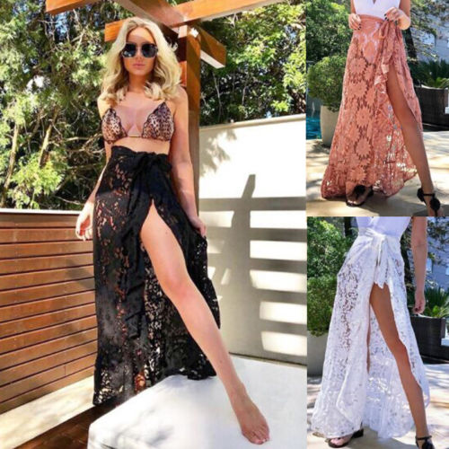 Women Bikini Cover Up Swimwear Sheer Lace Long Beach Maxi Wrap Skirts Sarong Summer Split Skirt Cover-Ups Black White Pink