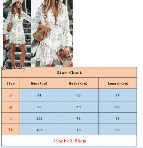 Women Cover-Ups Lace Cover-Ups V Neck Lace up Swimwear Hollow Out Floral Lace Mini Dress Summer Holiday Beach White Sundress