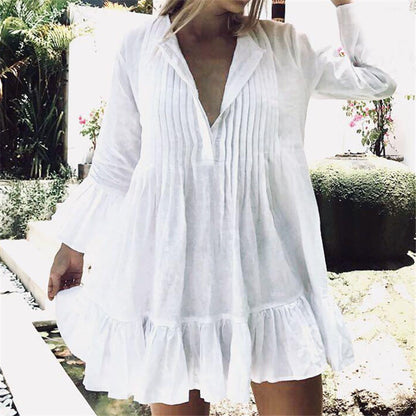 Women Swimsuit Cover Ups Mandarin Sleeve Kaftan Beach Tunic Dress Robe De Plage Solid White Cotton Pareo Beach Cover Up #Q606