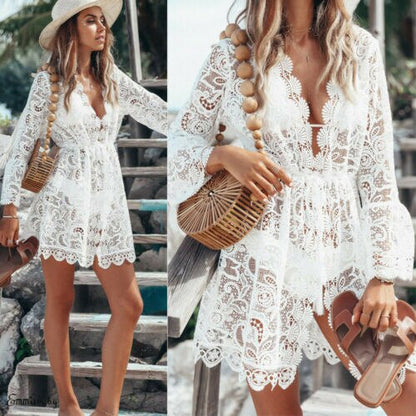 Women Cover-Ups Lace Cover-Ups V Neck Lace up Swimwear Hollow Out Floral Lace Mini Dress Summer Holiday Beach White Sundress