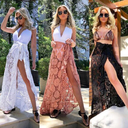 Women Bikini Cover Up Swimwear Sheer Lace Long Beach Maxi Wrap Skirts Sarong Summer Split Skirt Cover-Ups Black White Pink