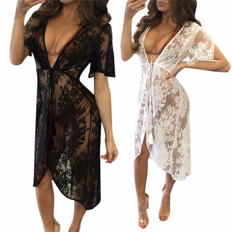 Women Summer Mesh Beach Wear Cover up Swimwear Bikini Lace Tassels Floral Long Beach Dress White Black Colors