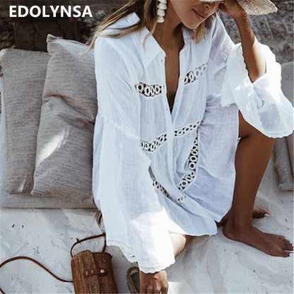 Women Swimsuit Cover Ups Mandarin Sleeve Kaftan Beach Tunic Dress Robe De Plage Solid White Cotton Pareo Beach Cover Up #Q429