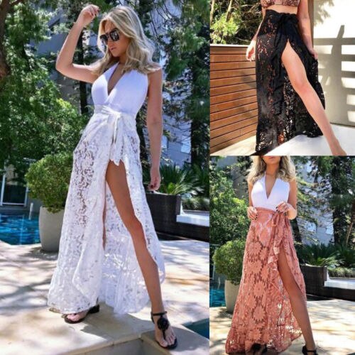 Women Bikini Cover Up Swimwear Sheer Lace Long Beach Maxi Wrap Skirts Sarong Summer Split Skirt Cover-Ups Black White Pink