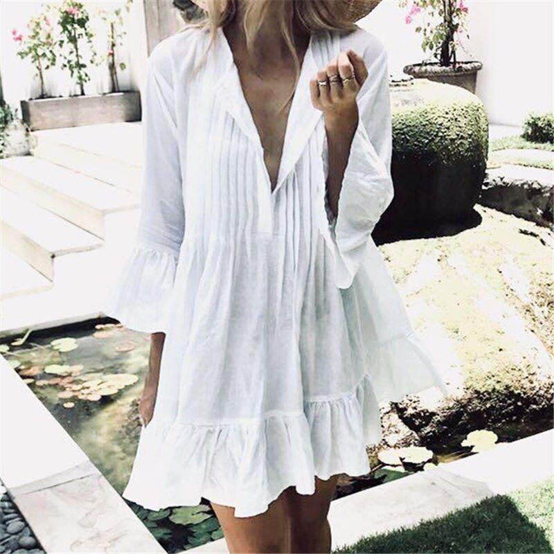 Women Swimsuit Cover Ups Mandarin Sleeve Kaftan Beach Tunic Dress Robe De Plage Solid White Cotton Pareo Beach Cover Up #Q606