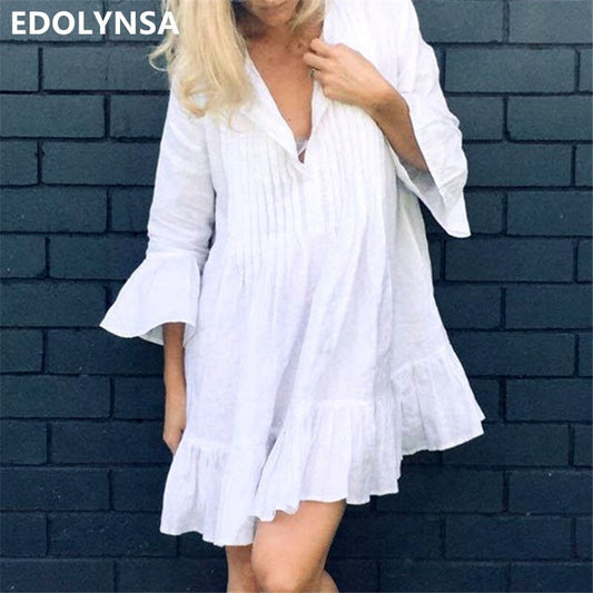 Women Swimsuit Cover Ups Mandarin Sleeve Kaftan Beach Tunic Dress Robe De Plage Solid White Cotton Pareo Beach Cover Up #Q606