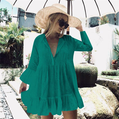 Women Swimsuit Cover Ups Mandarin Sleeve Kaftan Beach Tunic Dress Robe De Plage Solid White Cotton Pareo Beach Cover Up #Q606