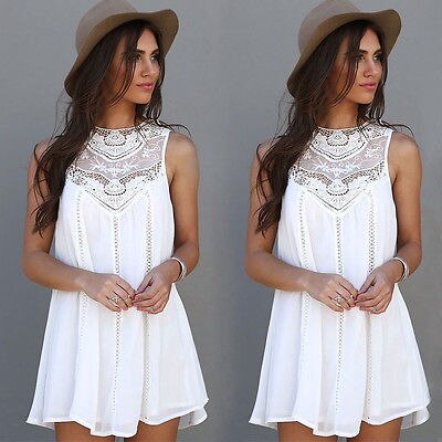 Women Lace Bikini Cover Up beach dress White Sleeveless Party Summer Ladies Dress Mini Dress Swimwear swim Cover-Ups