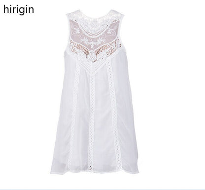 Women Lace Bikini Cover Up beach dress White Sleeveless Party Summer Ladies Dress Mini Dress Swimwear swim Cover-Ups