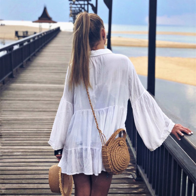 Women Swimsuit Cover Ups Mandarin Sleeve Kaftan Beach Tunic Dress Robe De Plage Solid White Cotton Pareo Beach Cover Up #Q429