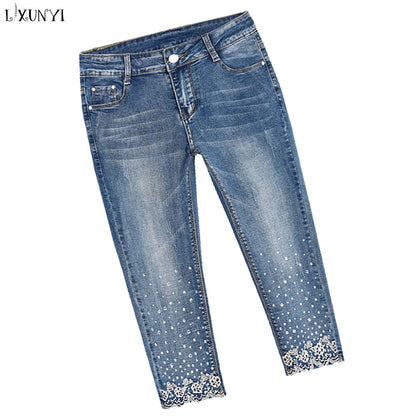 Rhinestone Stretch Pencil Jeans Calf Length