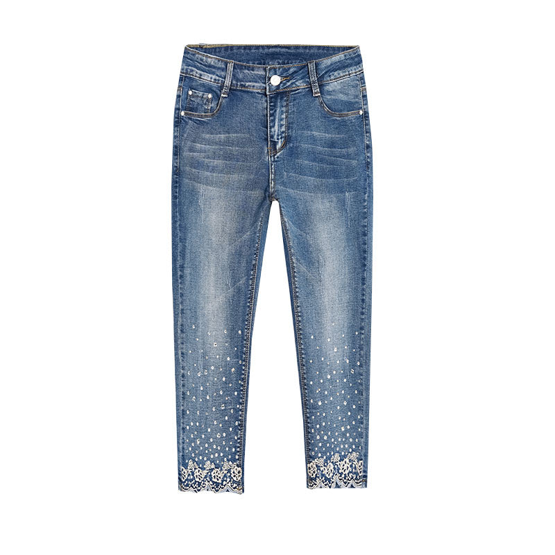 Rhinestone Stretch Pencil Jeans Calf Length