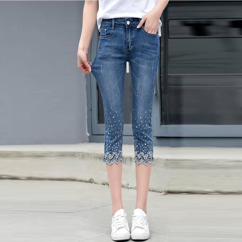 Rhinestone Stretch Pencil Jeans Calf Length