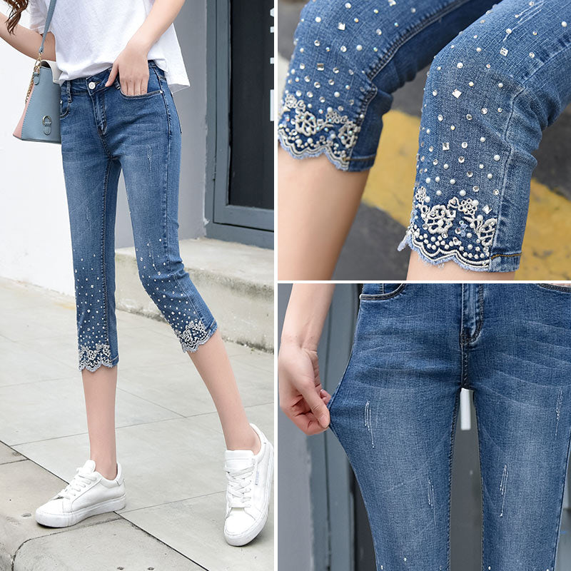 Rhinestone Stretch Pencil Jeans Calf Length