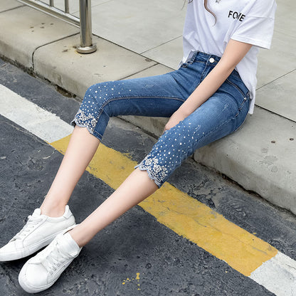 Rhinestone Stretch Pencil Jeans Calf Length