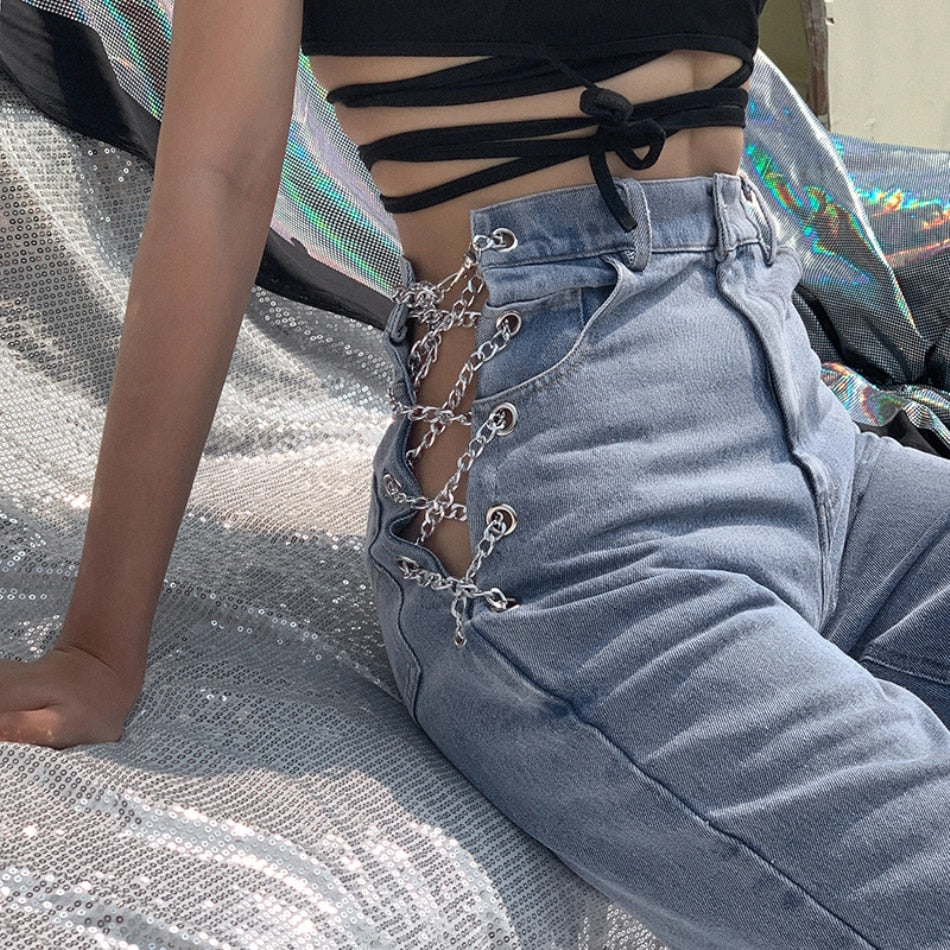 High waist hollow out Chain design Slim jeans