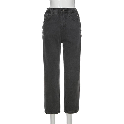 High waist hollow out Chain design Slim jeans