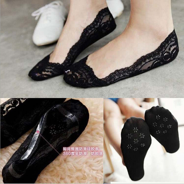 Modern Women Invisible No Show Nonslip Loafer Lace Boat Liner Low Cut Cotton Socks Antiskid Pink Peds Sock 1pair For Girls