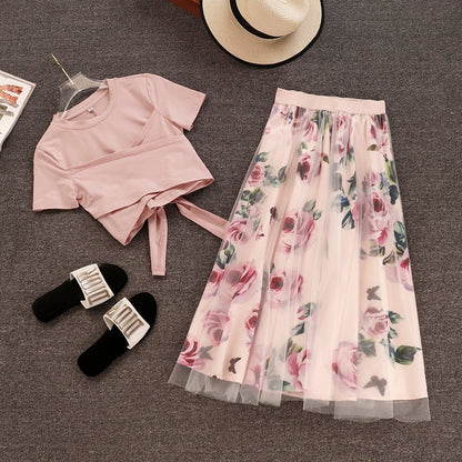 Sweet Cross Bowknot Irregular Crop Top T Shirt & Mesh Floral Tulle Long Skirts