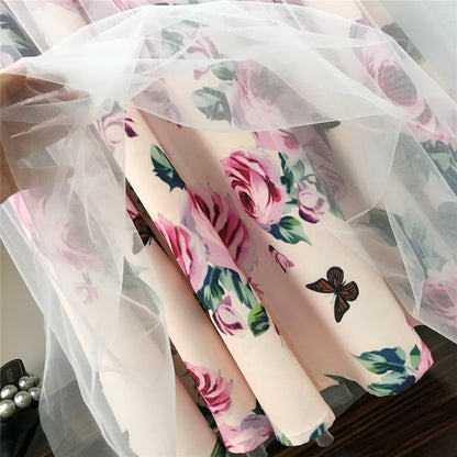 Cross Bowknot Mesh Floral Tulle Long Skirts Suits