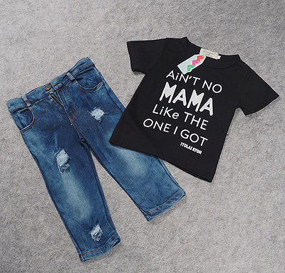 T-shirt Top Tee +Ripped Jeans Denim