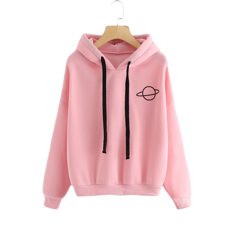 OEAK Women Hoodies Casual Kpop Planet Print Solid Loose Drawstring Sweatshirt Long Sleeve Hooded 2020 Autumn Female Pullover