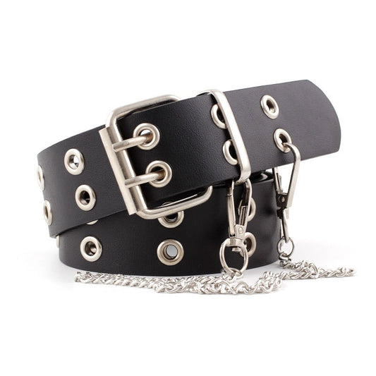 OLOME Vintage Women Punk Chain Belt Black Double Single Eyelet Grommet Leather Buckle Belt Female Ladies Waist Jeans Belts