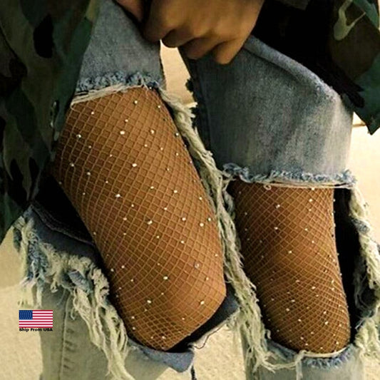 High Waist Crystal Rhinestone Mesh Pantyhose