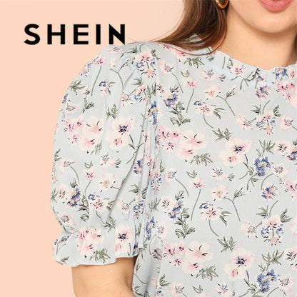 Floral Print Stand Collar Ruffle Puff Sleeve Tops