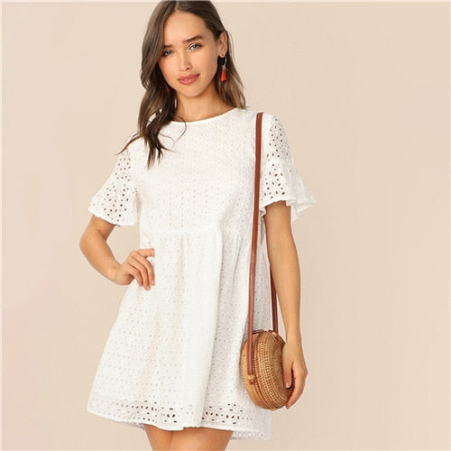 White Flounce Short Sleeve Dress