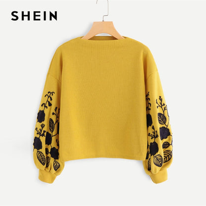 SHEIN Ginger Preppy Elegant Floral Embroidered Cowl Neck Bishop Sleeve Sweatshirt 2018 Autumn Casual Women Pullovers Sweatshirts