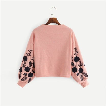 SHEIN Ginger Preppy Elegant Floral Embroidered Cowl Neck Bishop Sleeve Sweatshirt 2018 Autumn Casual Women Pullovers Sweatshirts