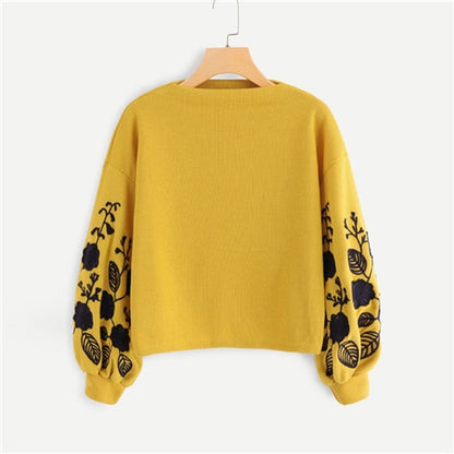 SHEIN Ginger Preppy Elegant Floral Embroidered Cowl Neck Bishop Sleeve Sweatshirt 2018 Autumn Casual Women Pullovers Sweatshirts