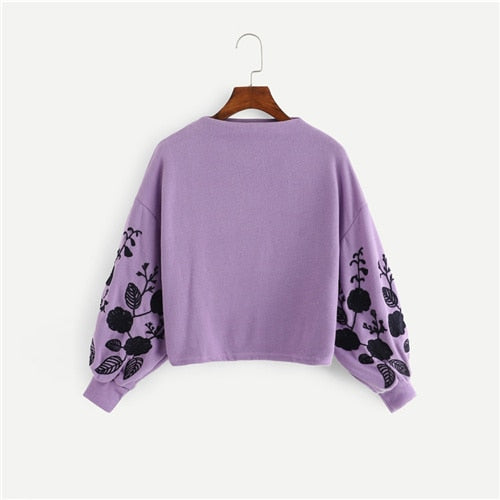 SHEIN Ginger Preppy Elegant Floral Embroidered Cowl Neck Bishop Sleeve Sweatshirt 2018 Autumn Casual Women Pullovers Sweatshirts