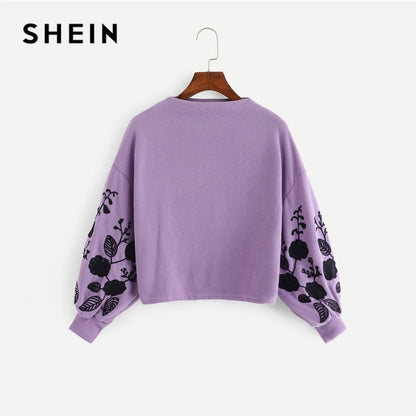 SHEIN Ginger Preppy Elegant Floral Embroidered Cowl Neck Bishop Sleeve Sweatshirt 2018 Autumn Casual Women Pullovers Sweatshirts