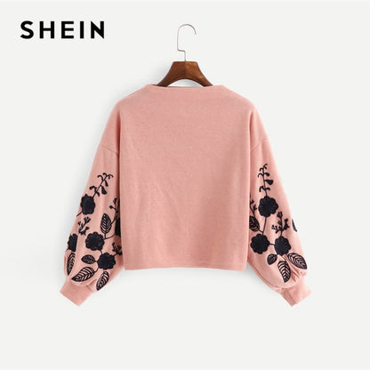 SHEIN Ginger Preppy Elegant Floral Embroidered Cowl Neck Bishop Sleeve Sweatshirt 2018 Autumn Casual Women Pullovers Sweatshirts