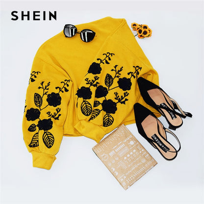 SHEIN Ginger Preppy Elegant Floral Embroidered Cowl Neck Bishop Sleeve Sweatshirt 2018 Autumn Casual Women Pullovers Sweatshirts