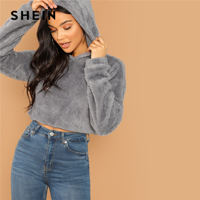 SHEIN Grey Minimalist Solid Drop Shoulder Crop Teddy Hoodie Sweatshirt Autumn Casual Fashion Women Pullovers Sweatshirts