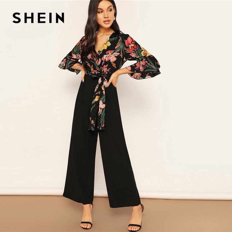 Elegant Floral Print Wrap Jumpsuits