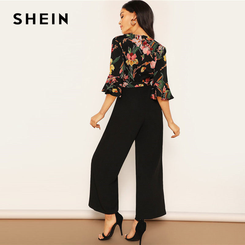 Elegant Floral Print Wrap Jumpsuits