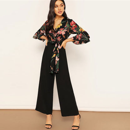 Elegant Floral Print Wrap Jumpsuits