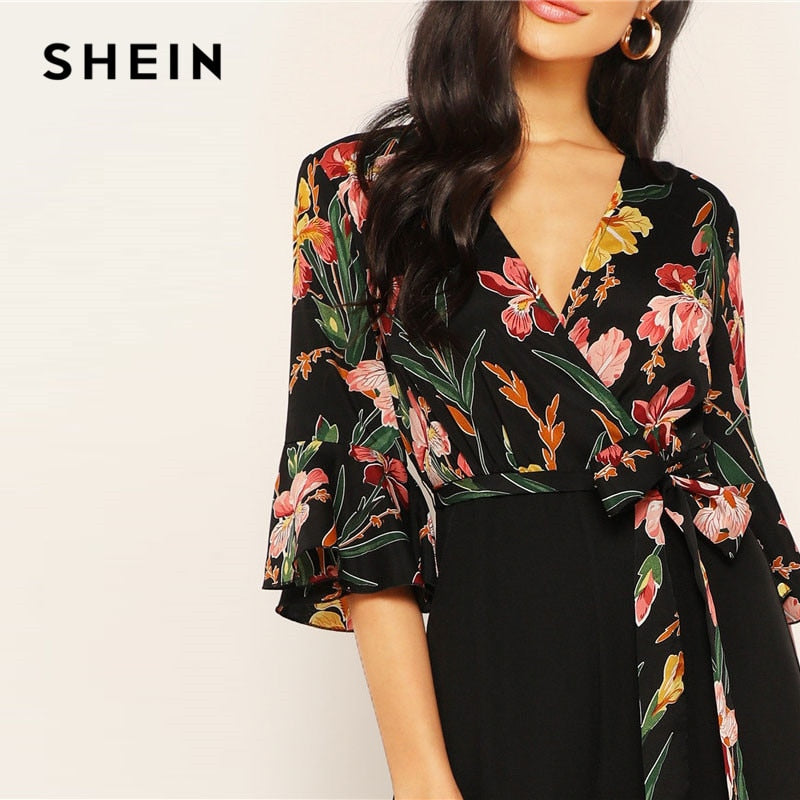 Elegant Floral Print Wrap Jumpsuits