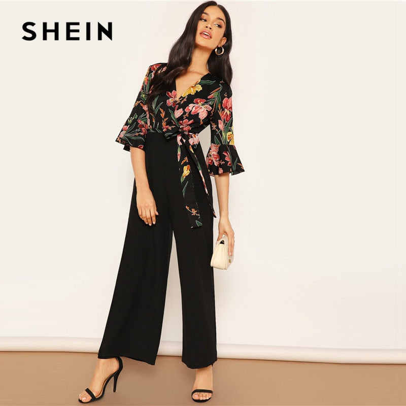 Elegant Floral Print Wrap Jumpsuits