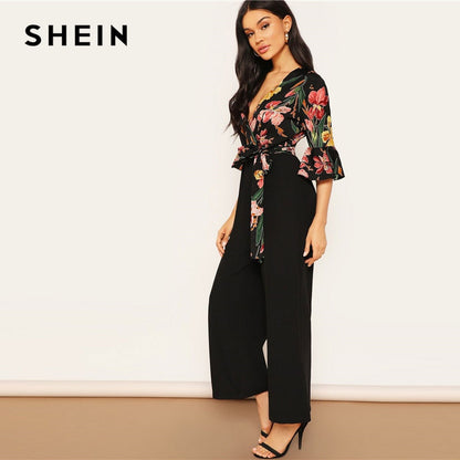 Elegant Floral Print Wrap Jumpsuits