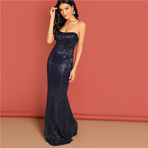 Sequin Mesh Strapless Bodycon Evening Gown